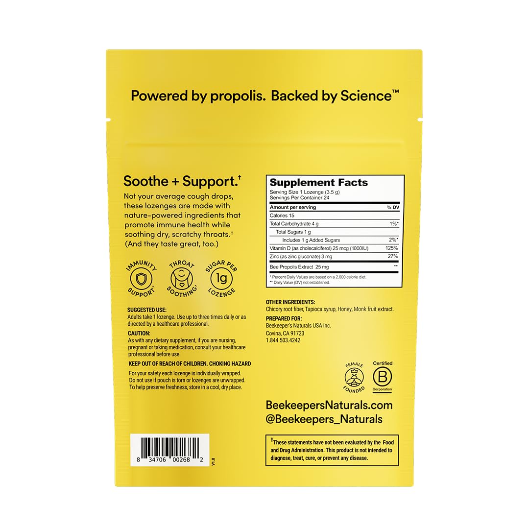 Beekeeper's Naturals lozenges ingredient highlights propolis and zinc