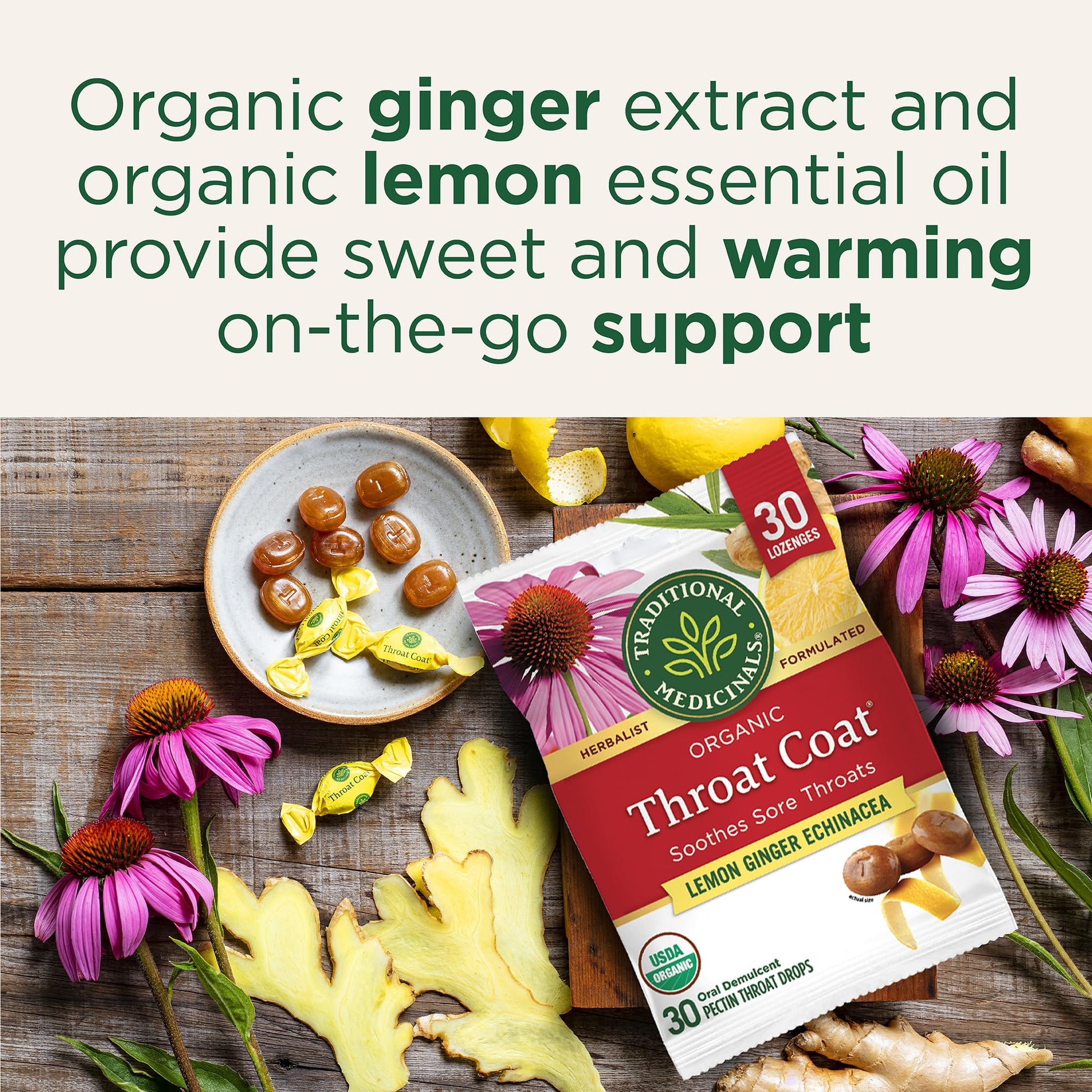 Traditional Medicinals organic pectin drops showing individually wrapped lozenges layout