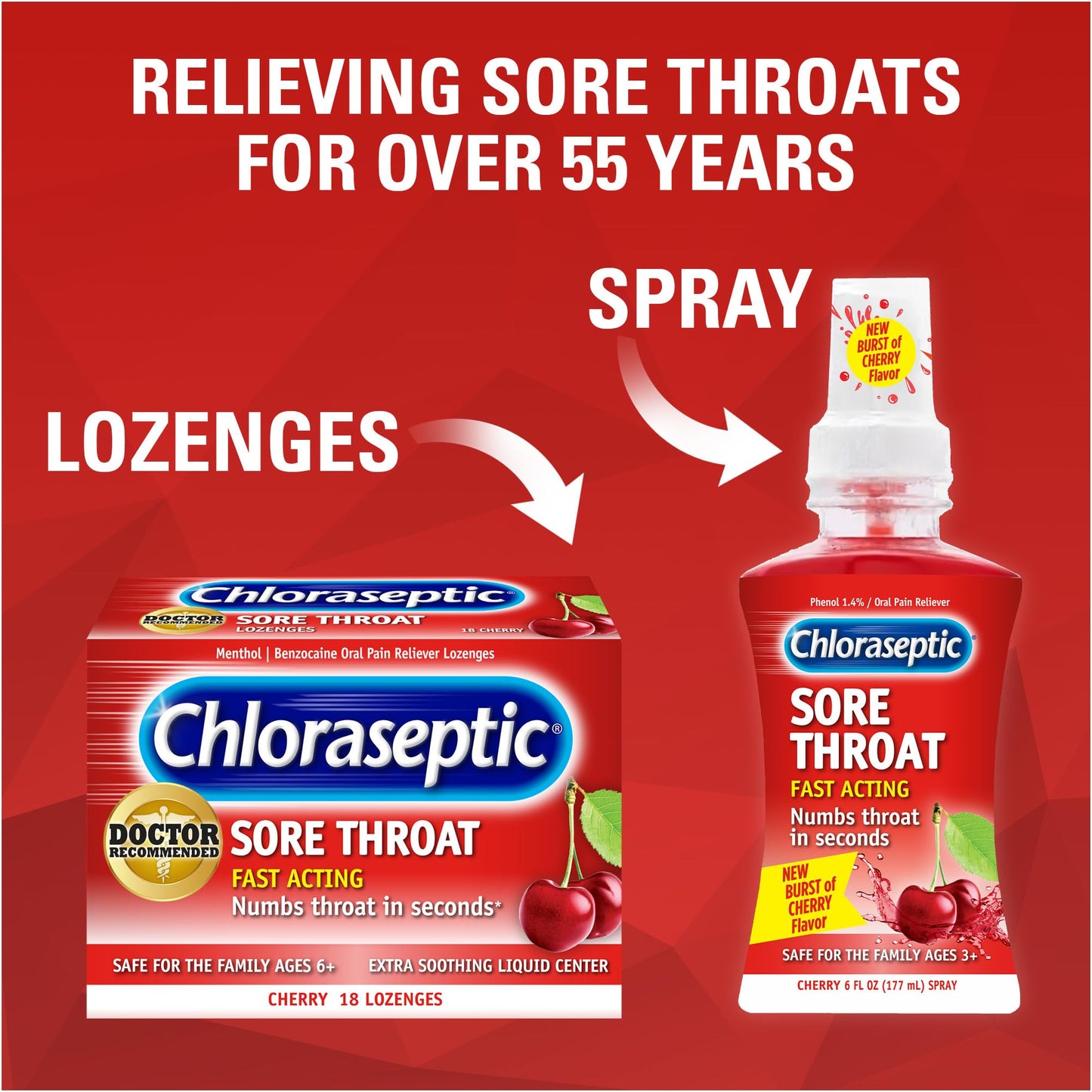 Chloraseptic cherry flavored throat spray red bottle displaying family safe formula details