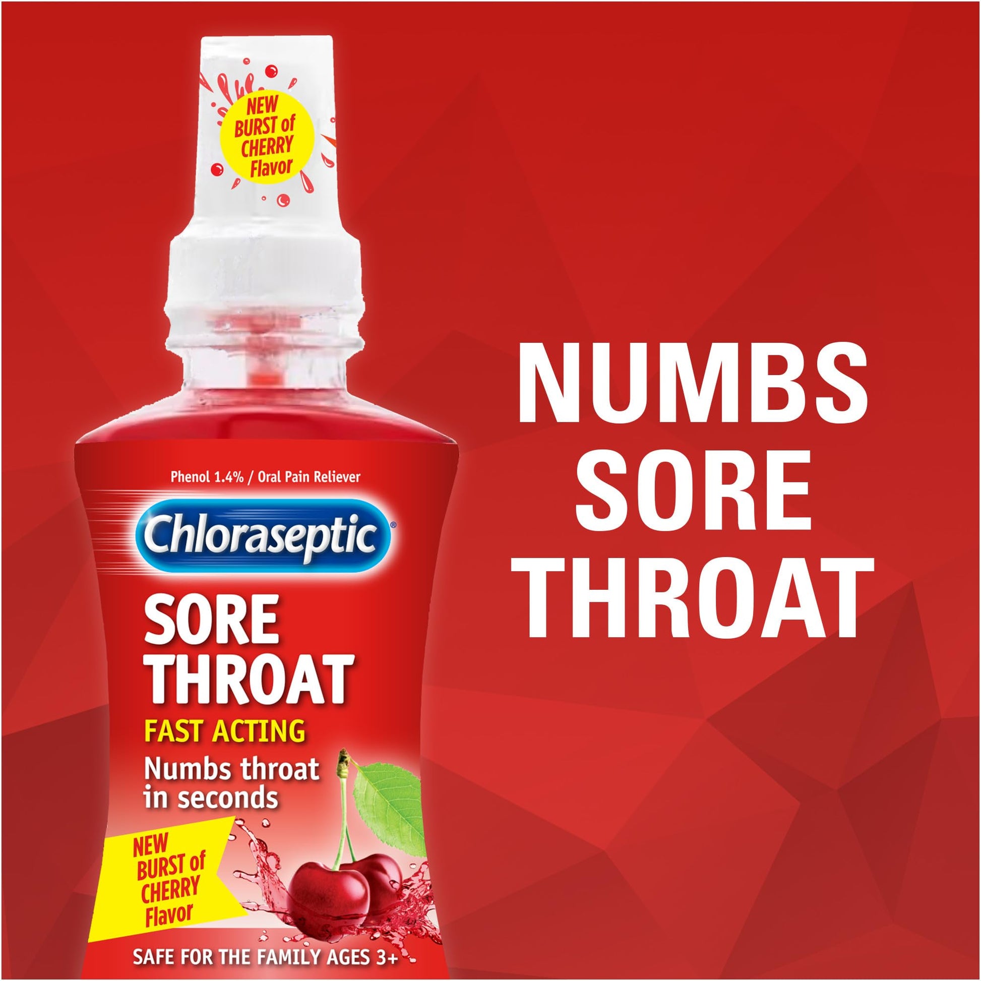 Chloraseptic oral pain relief spray for cold and flu symptoms side angle view