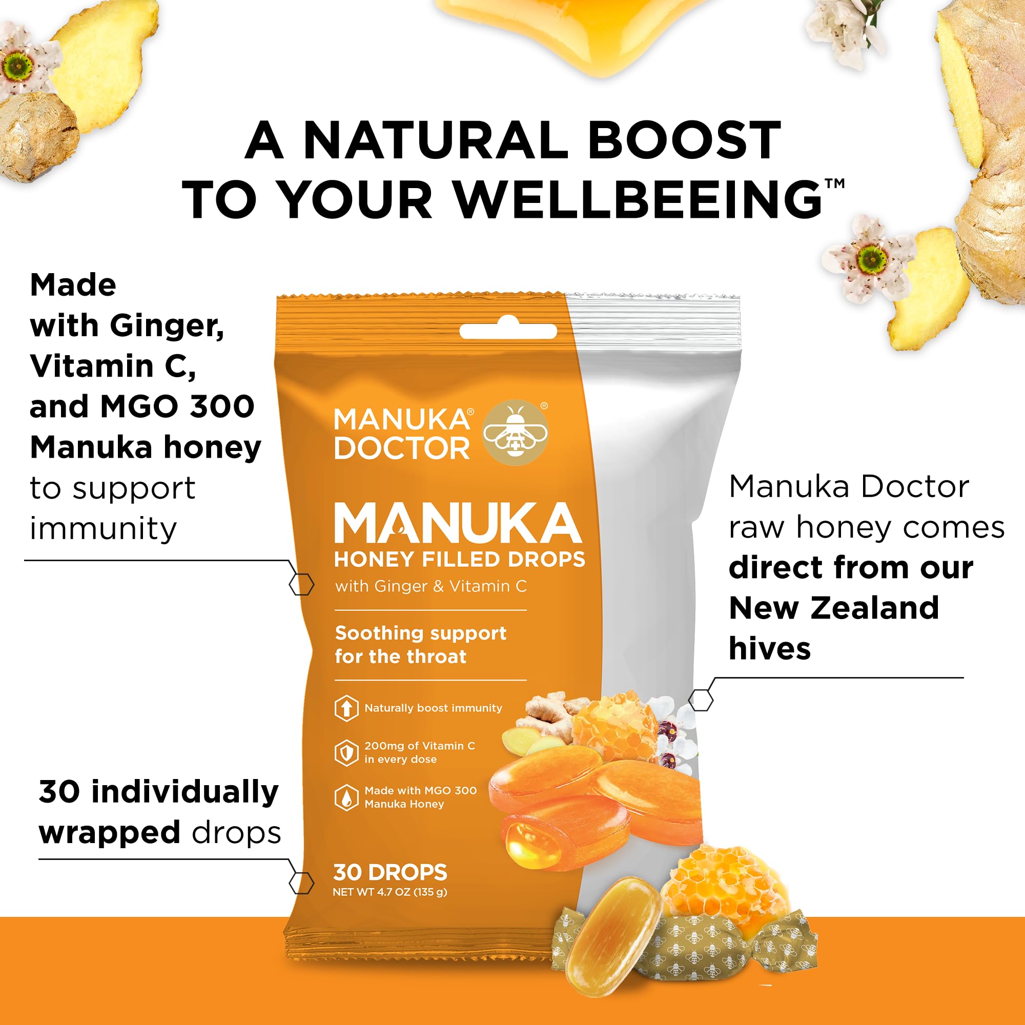 Manuka Doctor lozenges with MGO 300 Manuka honey and ginger packaging