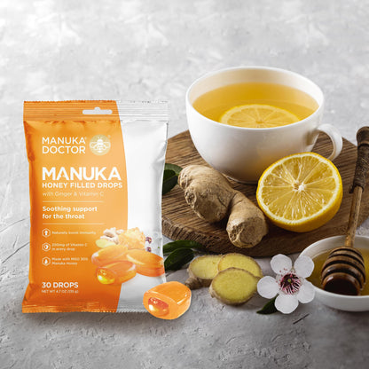 Individual Manuka Doctor honey and ginger drop wrapper design