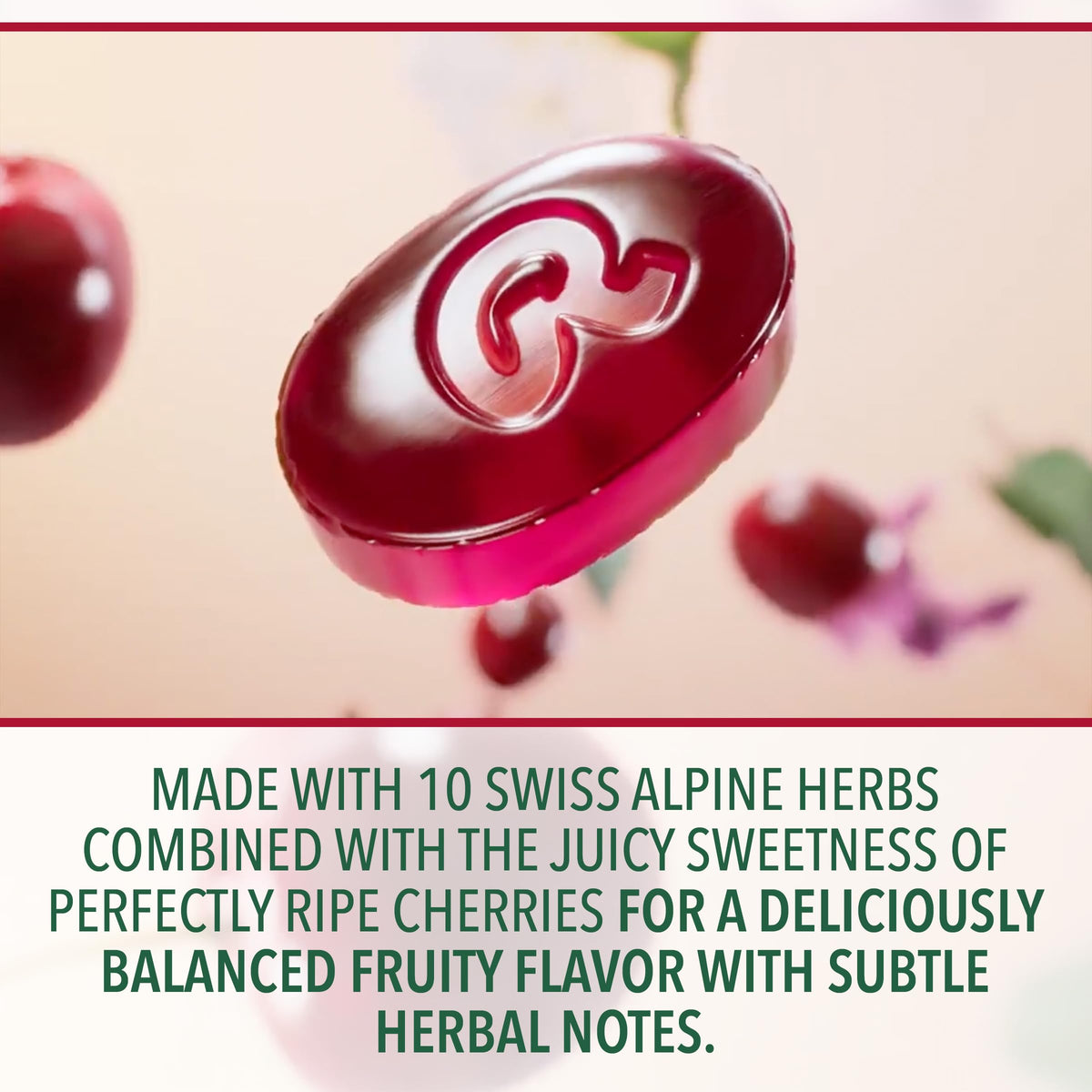 Back view of Ricola Cherry drops bag showing ingredients