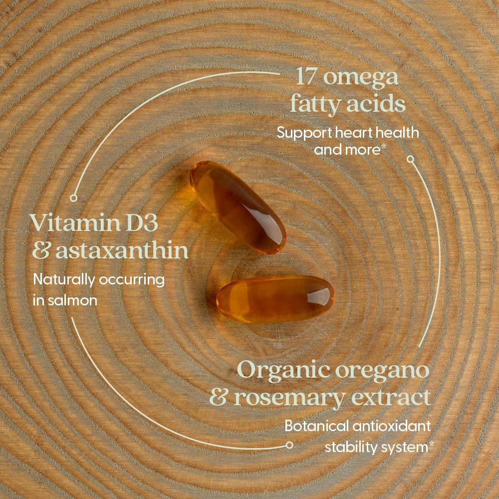 Premium wild caught salmon oil two thousand milligram serving details highlighted on packaging