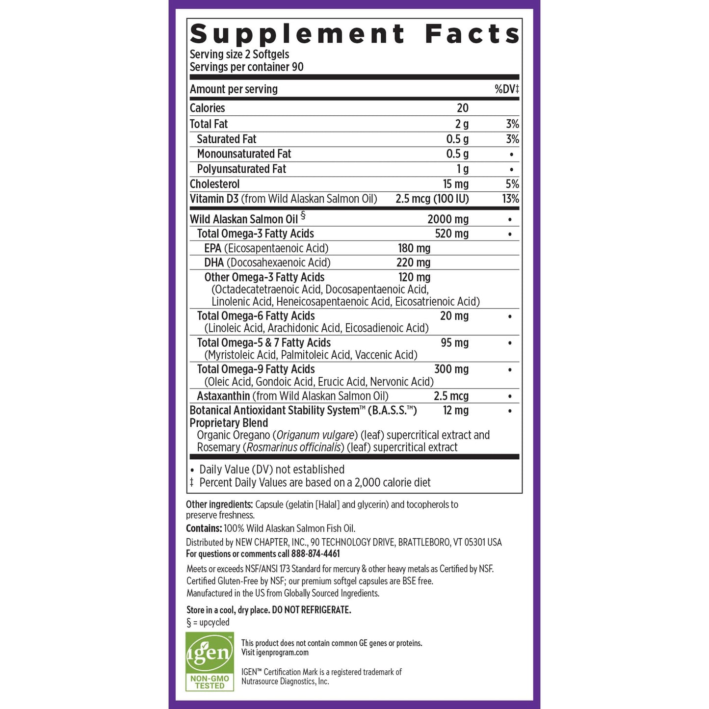 Side view of New Chapter Wholemega softgels bottle showing sustainable sourcing information