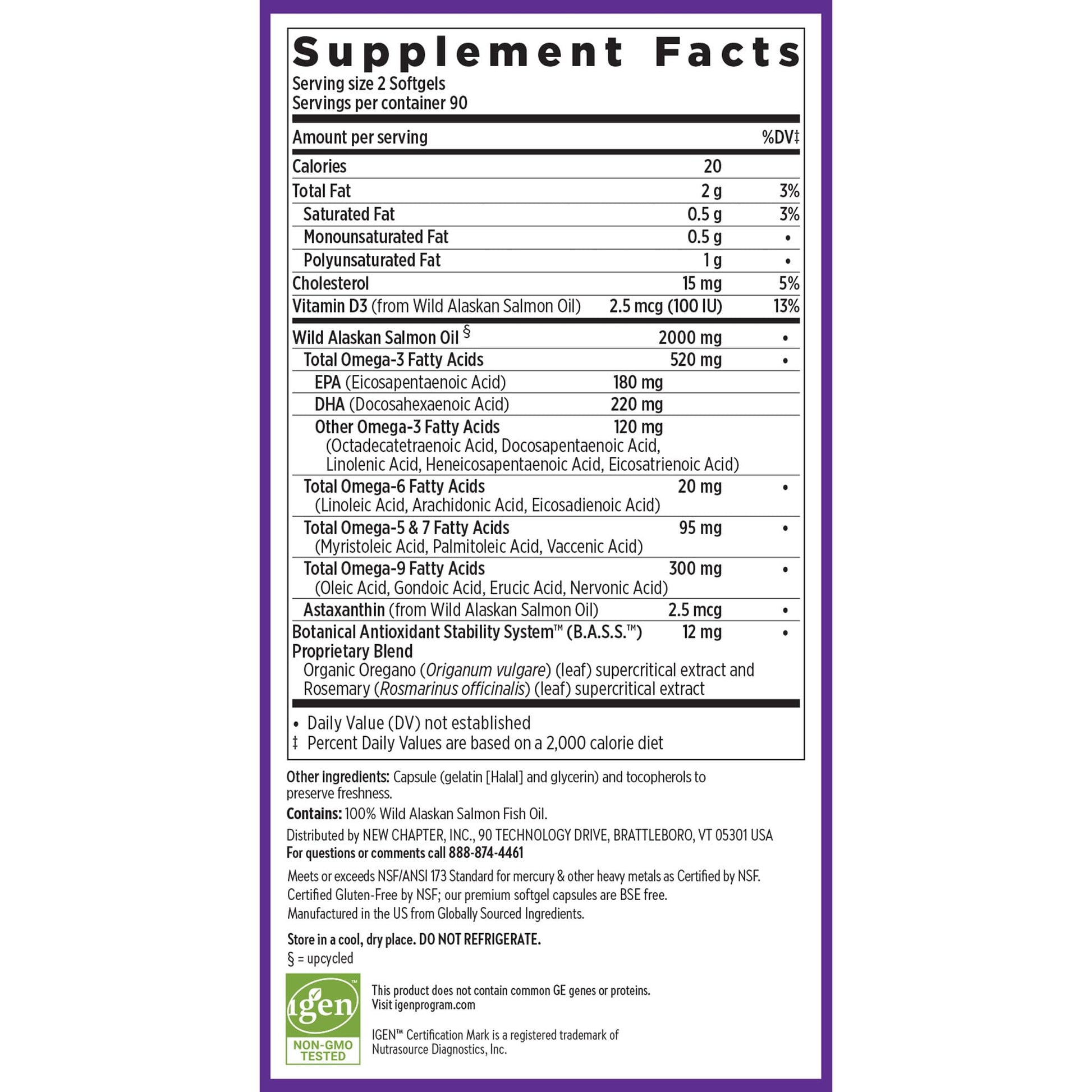 Side view of New Chapter Wholemega softgels bottle showing sustainable sourcing information