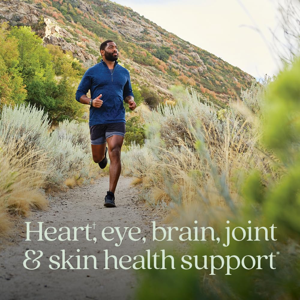 New Chapter Omega 3 dietary supplement packaging highlighting thirty premium softgels for daily heart health support.