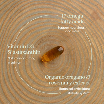 Side profile of New Chapter wild Alaskan salmon oil bottle displaying dietary ingredient facts and nutritional panel.