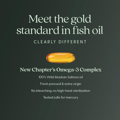 Premium unflavored softgels of New Chapter fish oil displayed next to the amber glass protective bottle.