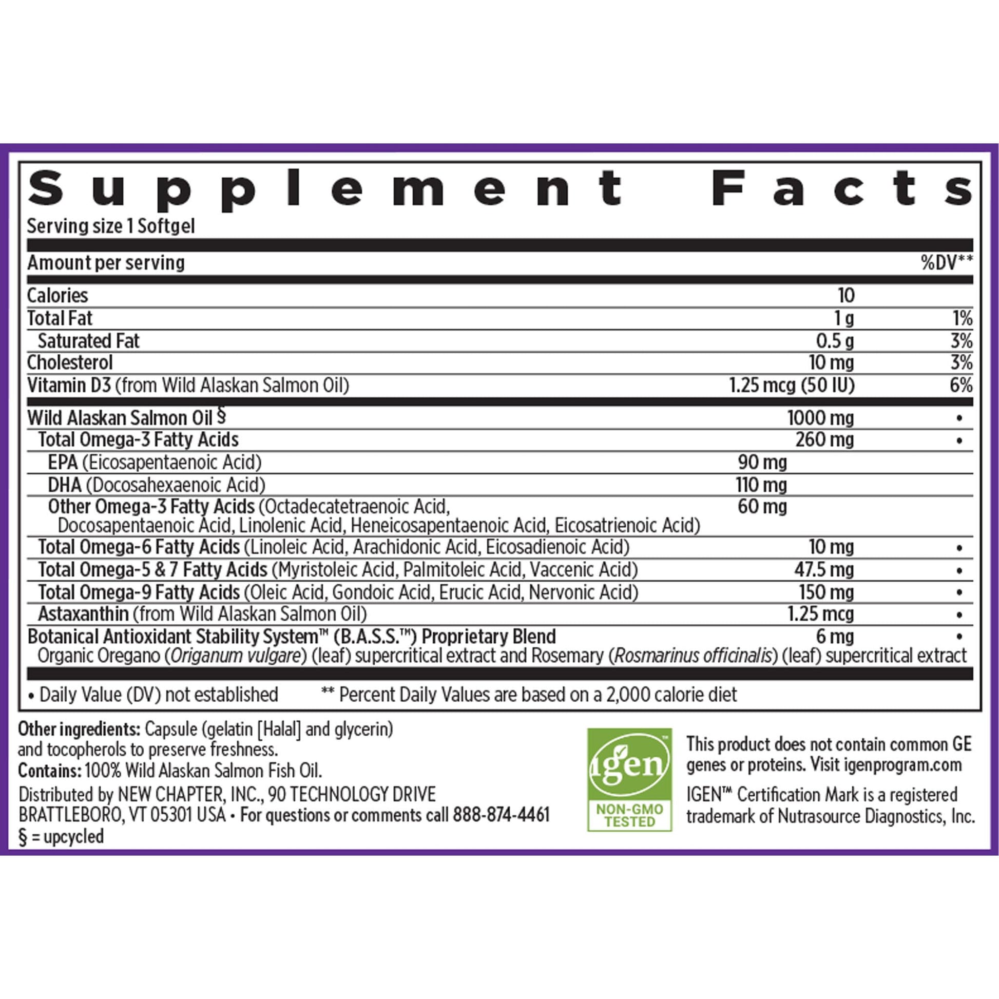 Back label of New Chapter 1000 Milligram Omega complex explaining the sustainable upcycled whole food extraction process.