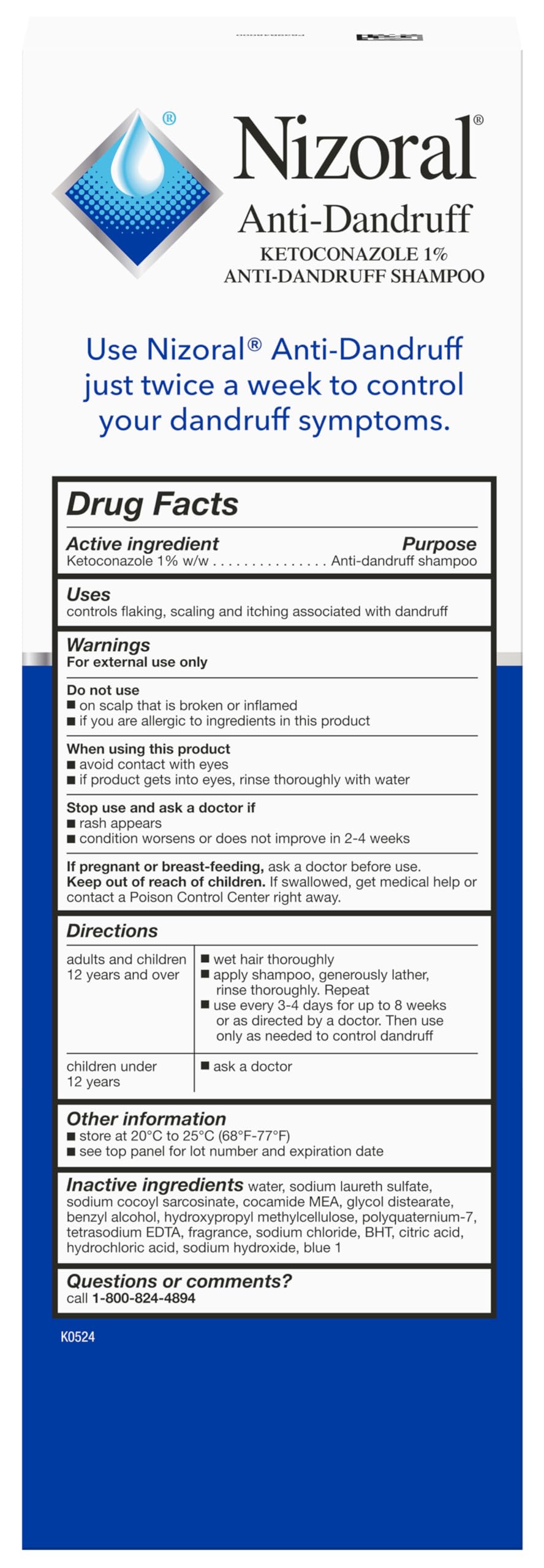 Nizoral 2-in-1 shampoo bottle showing 1% Ketoconazole label