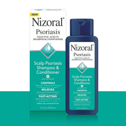 Back label of Nizoral Psoriasis Shampoo and Conditioner showing ingredients