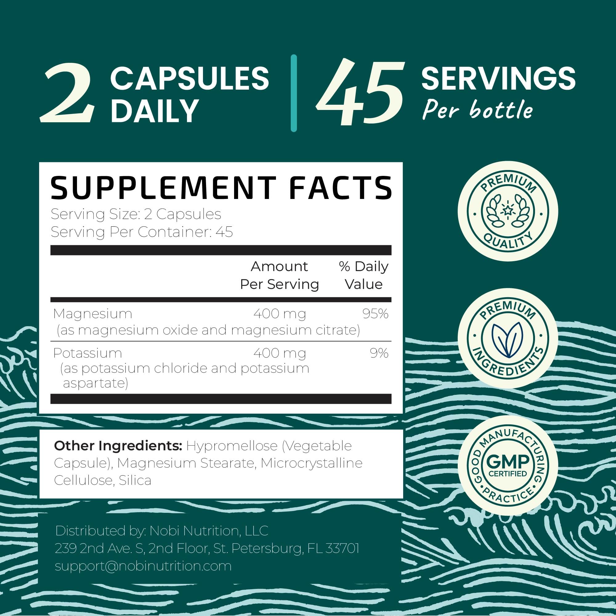 Premium Nobi Nutrition potassium magnesium capsules container for daily stress relief and hydration.