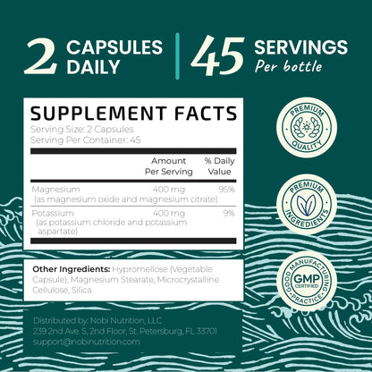 Premium Nobi Nutrition potassium magnesium capsules container for daily stress relief and hydration.