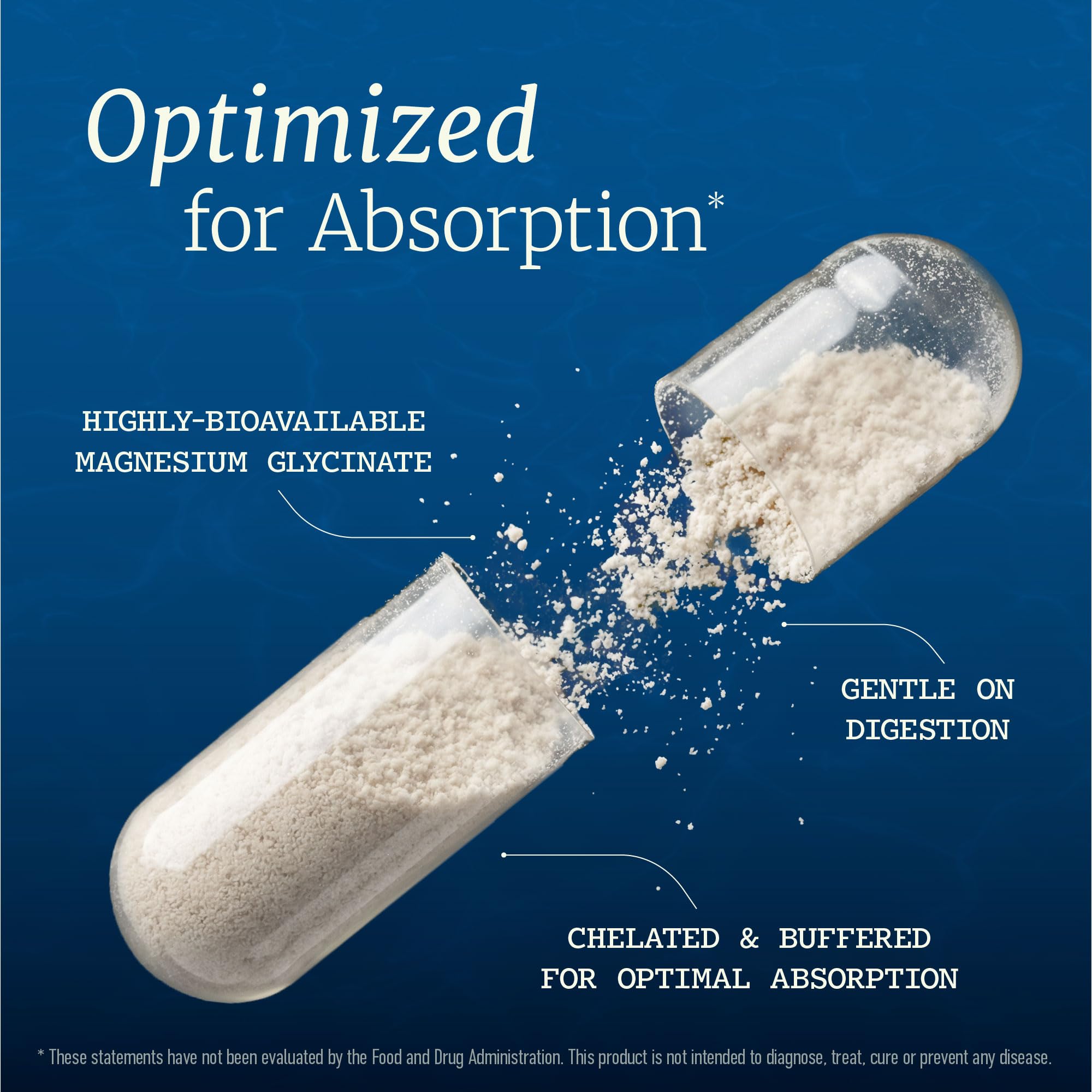 Close-up of two easy-to-swallow chelated magnesium veggie capsules outside the packaging