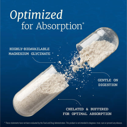Close-up of two easy-to-swallow chelated magnesium veggie capsules outside the packaging