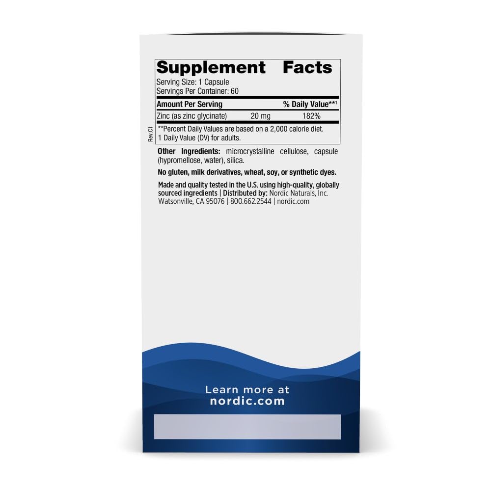 Nordic Naturals Zinc Glycinate supplement panel view illustrating clean ingredients and vegan certification