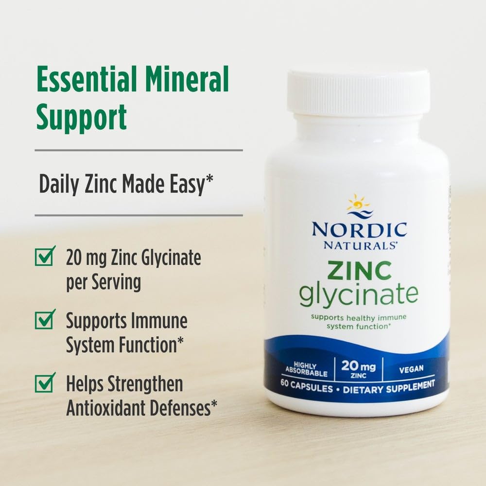 Highly absorbable chelated zinc glycinate vegetable capsules from Nordic Naturals on a clean background