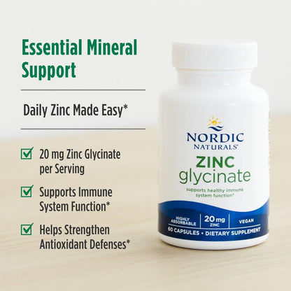 Highly absorbable chelated zinc glycinate vegetable capsules from Nordic Naturals on a clean background