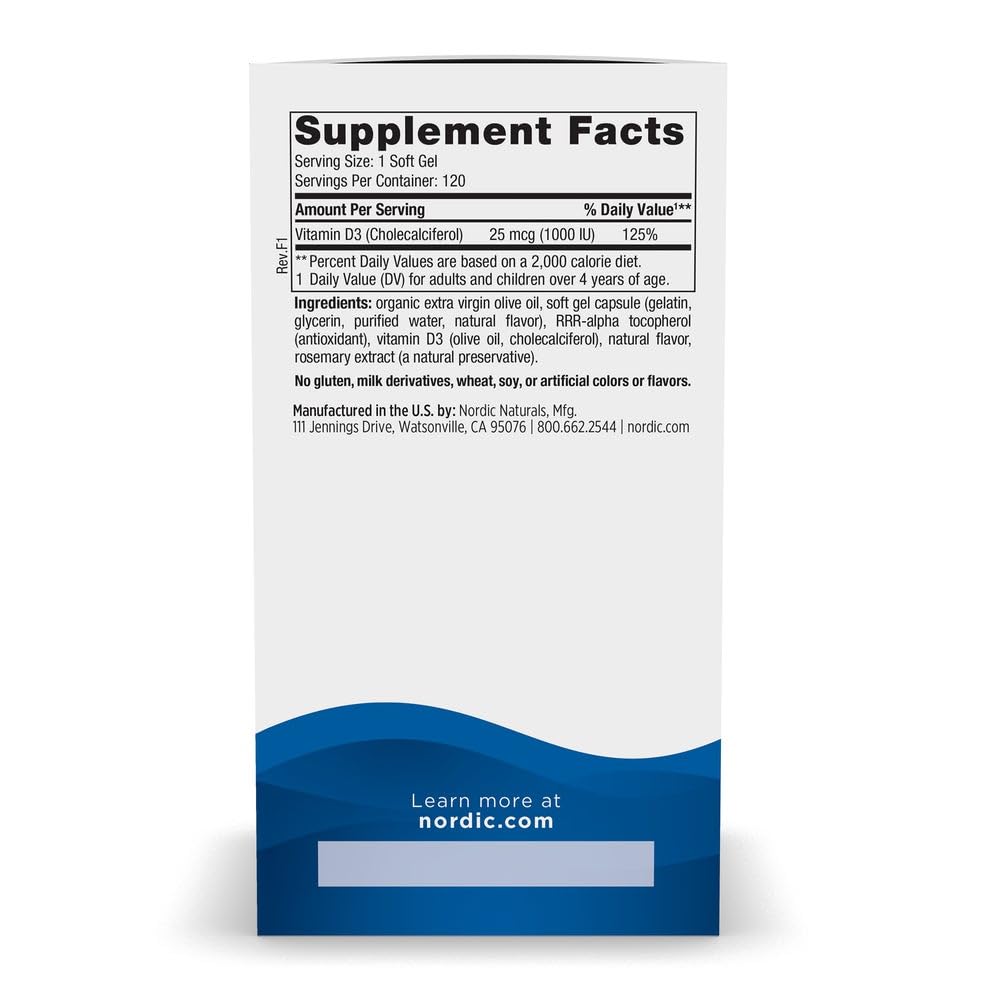 Nordic Naturals Vitamin D3 1000 IU cholecalciferol supplement label details