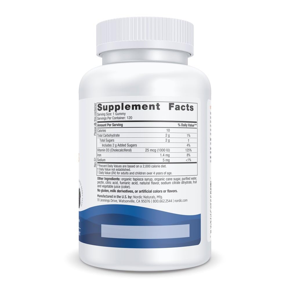 Nordic Naturals Vitamin D3 1000 IU dietary supplement bottle angled view highlighting natural bone and immune system support