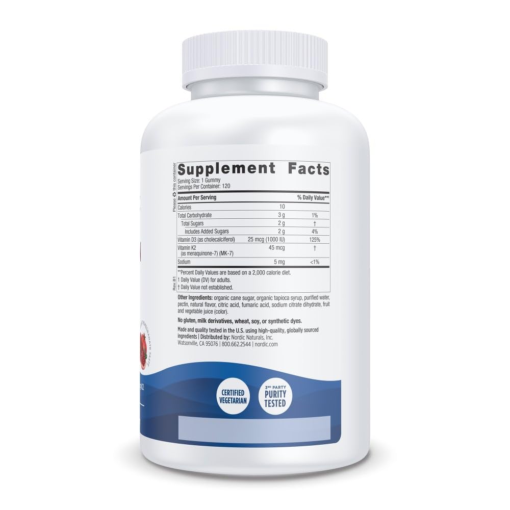 Nordic Naturals Vitamin D3 Plus K2 Gummies supplement facts label closeup