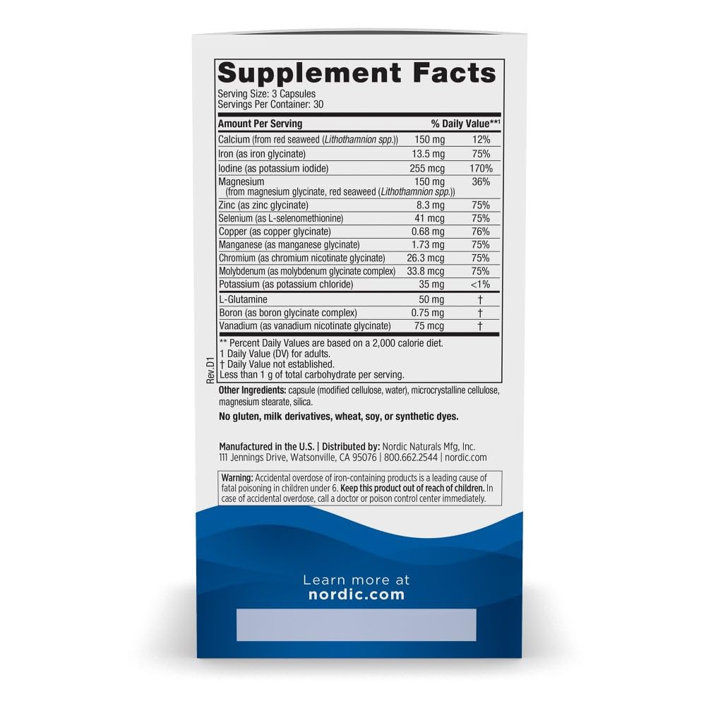 Side angle of Nordic Naturals Multi Minerals container highlighting certified vegan and non-GMO credentials