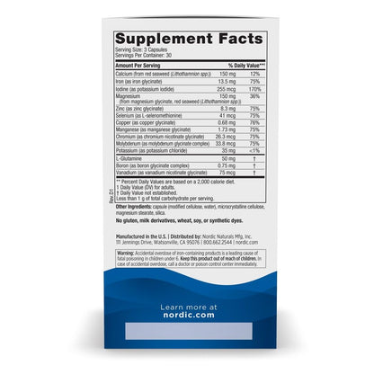 Side angle of Nordic Naturals Multi Minerals container highlighting certified vegan and non-GMO credentials