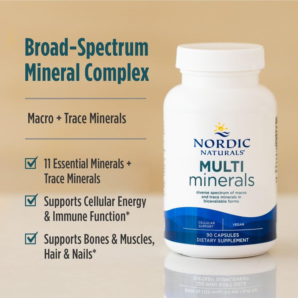 Supplement facts panel on Nordic Naturals Multi Minerals box listing eleven essential chelated macro minerals