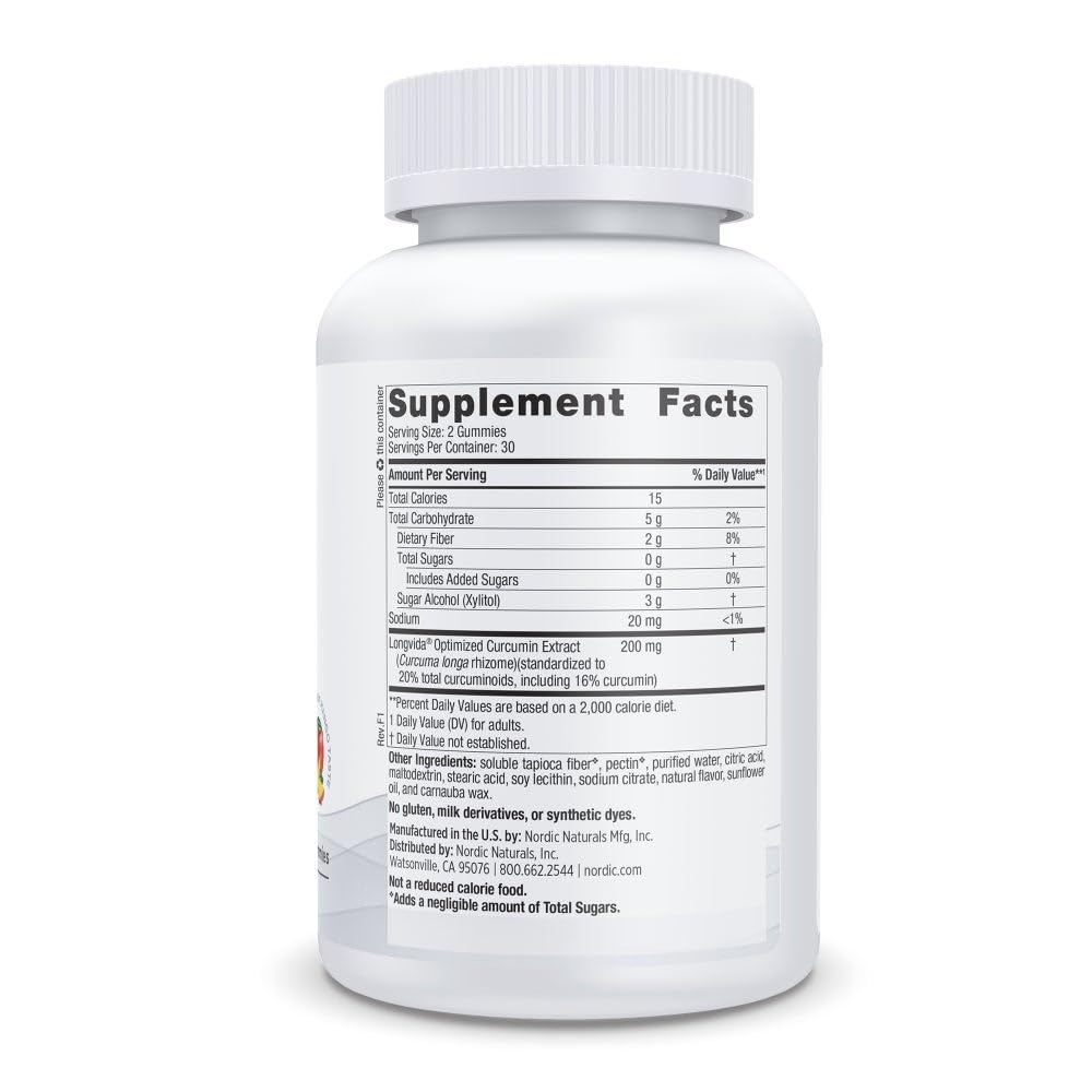 Nordic Naturals curcumin gummies nutritional label and ingredient information