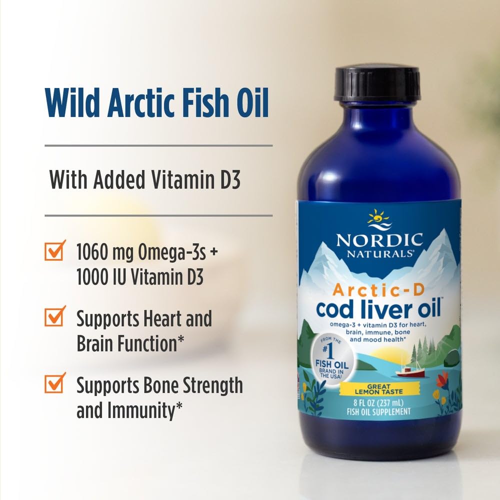 Nordic Naturals liquid omega three with vitamin D3 supplement packaging showing premium ingredients