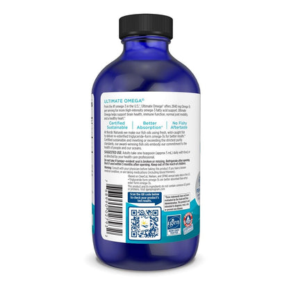Nordic Naturals Ultimate Omega 8 Fluid Ounces bottle showcasing the non-GMO and triglyceride form badges.