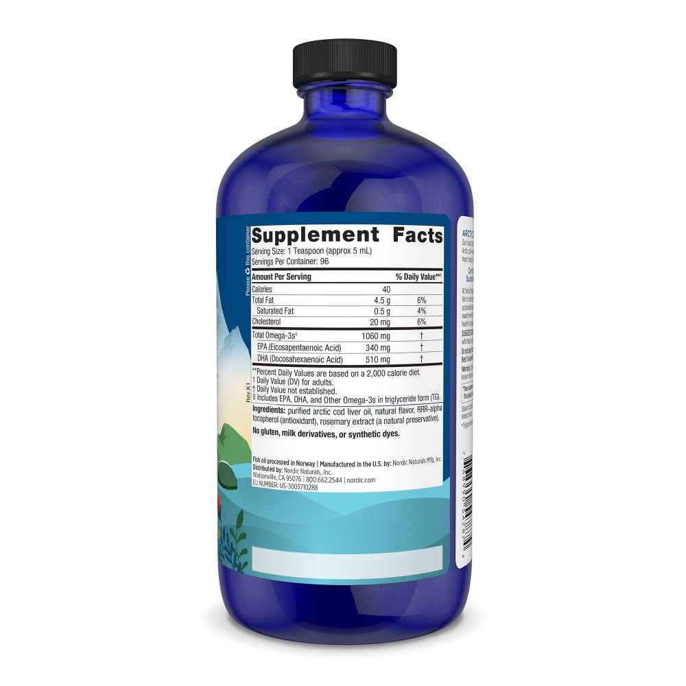 Nordic Naturals omega 3 fish oil packaging displaying 16 fluid ounces product details