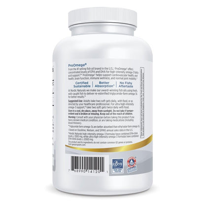 Nordic Naturals ProOmega 1280 mg omega 3 content and non GMO verification badges