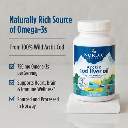 Back label of wild Arctic cod liver oil capsule bottle detailing clean ingredients and usage instructions