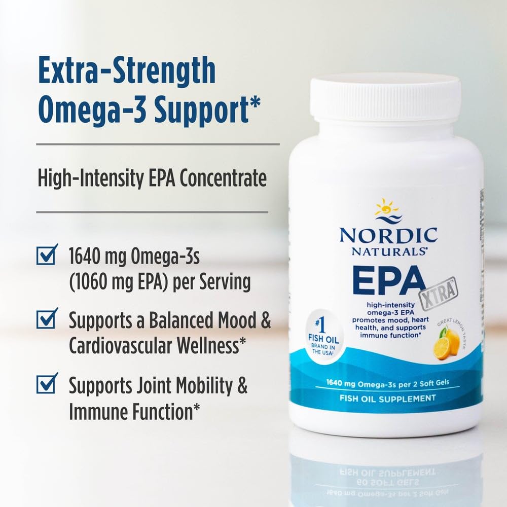 Nordic Naturals EPA Xtra packaging highlighting lemon flavor and high potency omega 3 count.