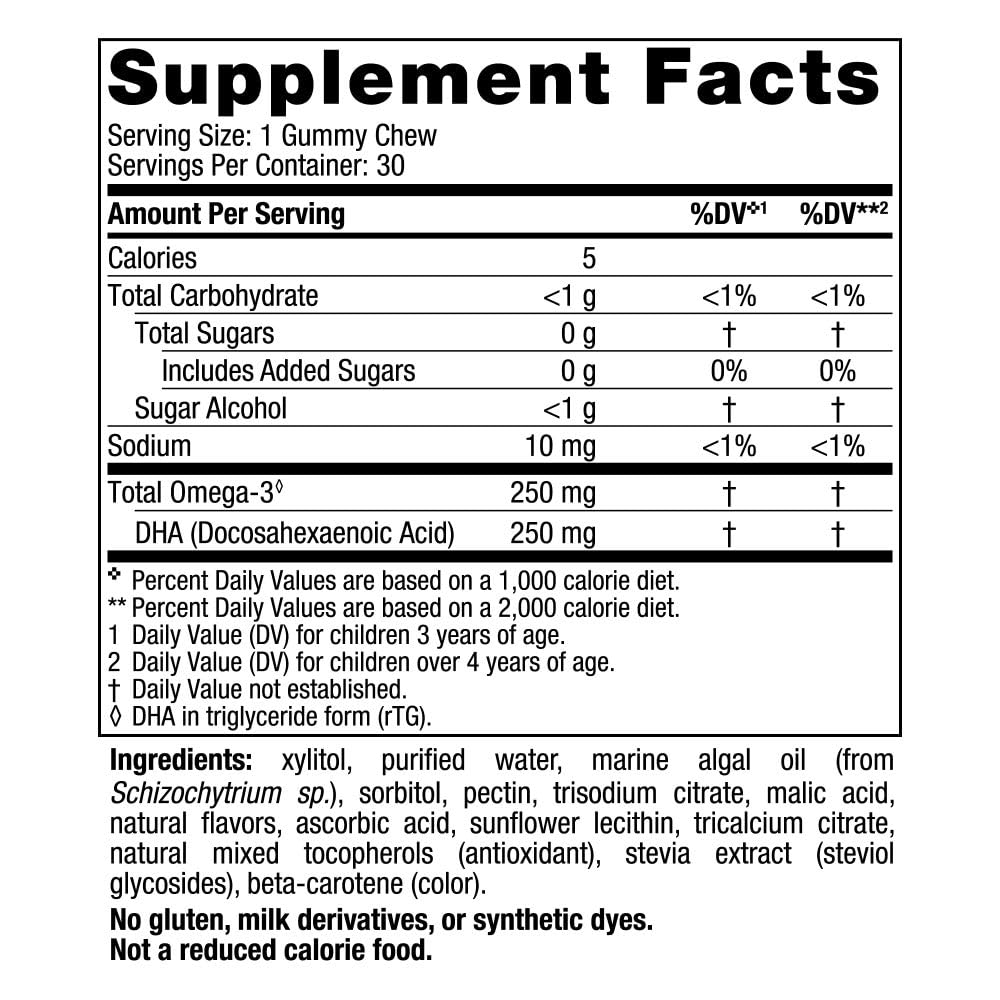 Nordic Naturals kids zero sugar algal oil omega three supplement label details