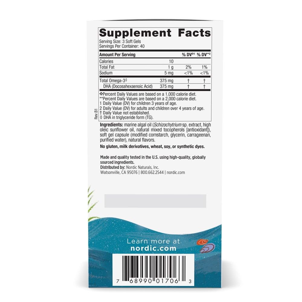 Nordic Naturals Kids DHA algae oil 120 mini chewable softgels supplemental facts