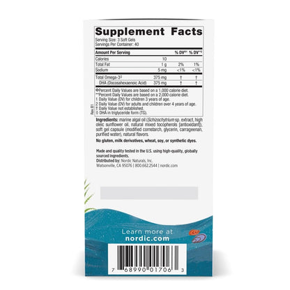 Nordic Naturals Kids DHA algae oil 120 mini chewable softgels supplemental facts