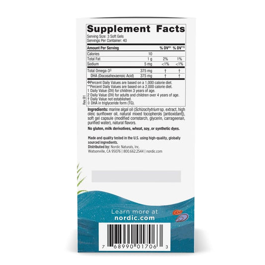 Nordic Naturals Kids DHA algae oil 120 mini chewable softgels supplemental facts