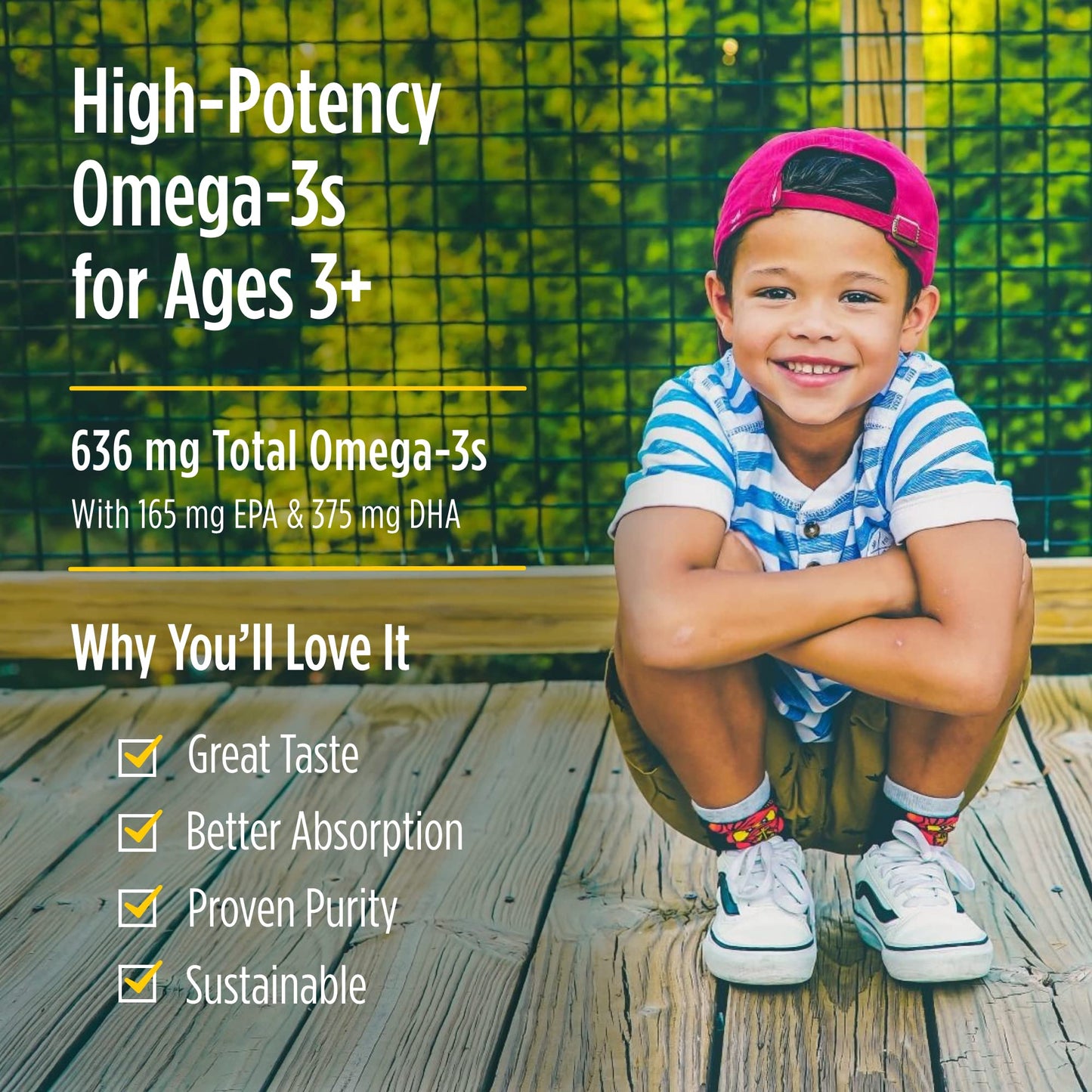 Back panel of imported childrens omega three fish oil bottle showing pure deep sea ingredients and usage instructions.