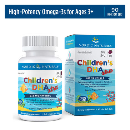 Full packaging display of Nordic Naturals 90 count non-GMO gluten free childrens brain health supplement.