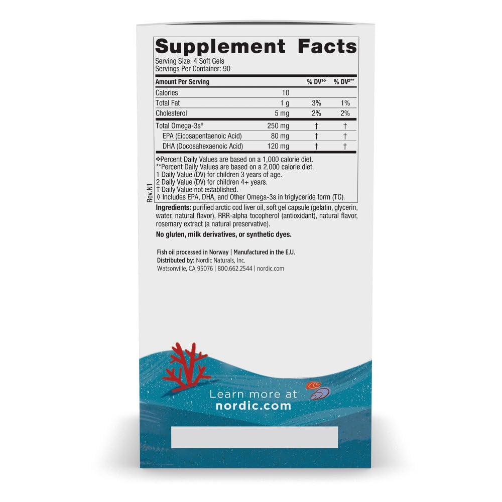 Side view of Nordic Naturals Children's DHA bottle listing ingredients and supplement facts.