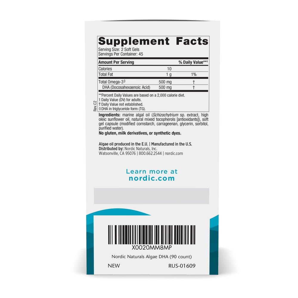 Nordic Naturals Algae DHA 500 mg vegan omega three capsules for brain and eye support.
