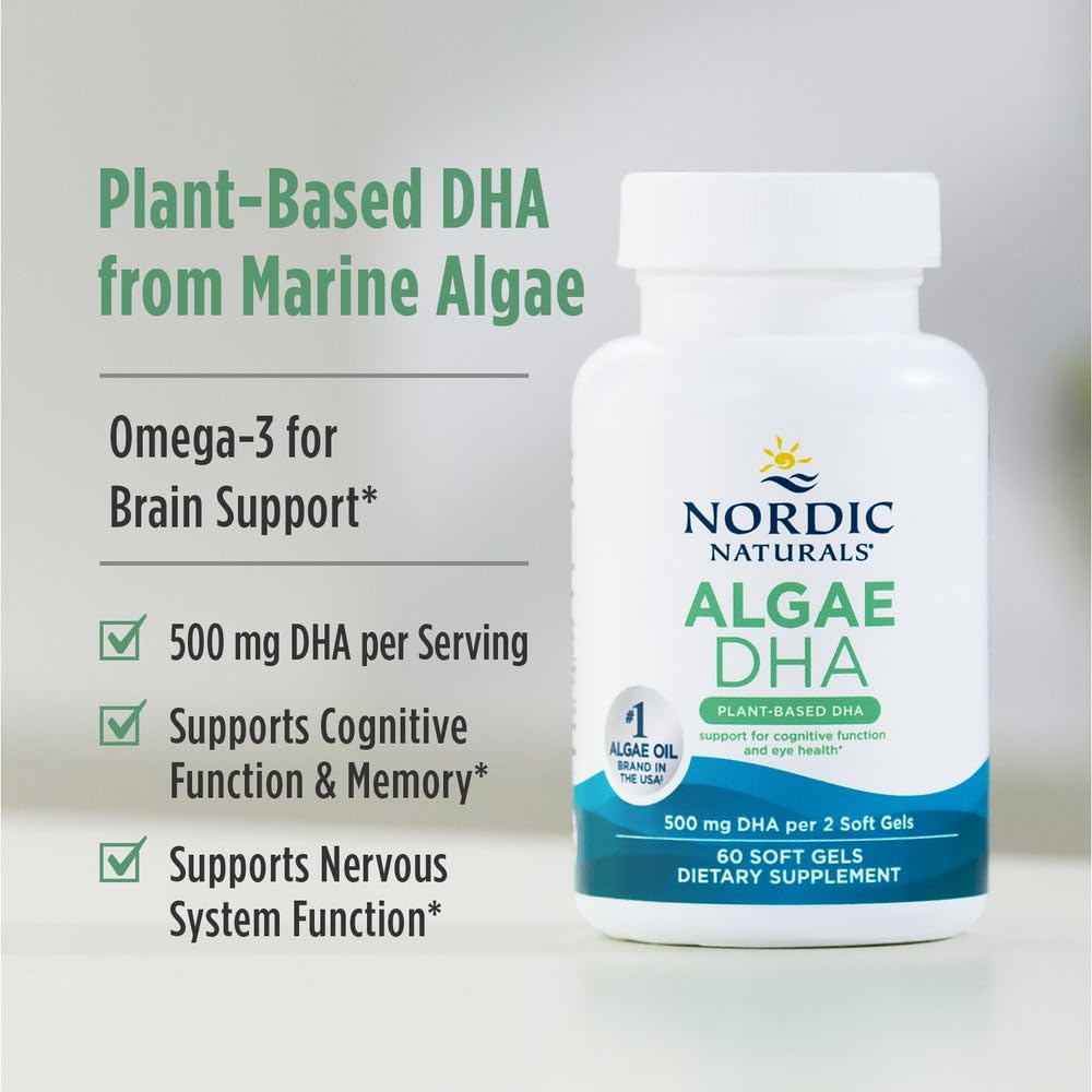 Nordic Naturals Algae DHA 90 Softgels nutritional facts panel showing plant based ingredients.