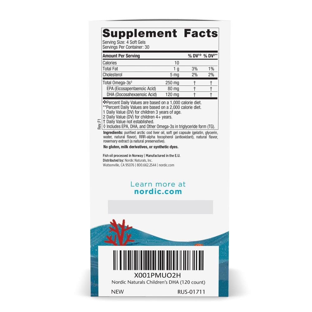 Nordic Naturals Children's DHA strawberry flavour omega 3 supplement label details and nutritional facts