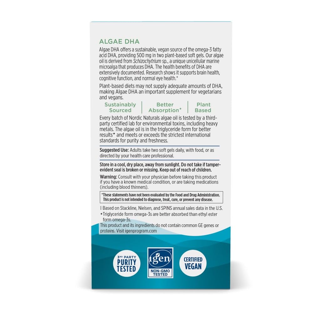Nordic Naturals Algae DHA certified vegan and non GMO seal display