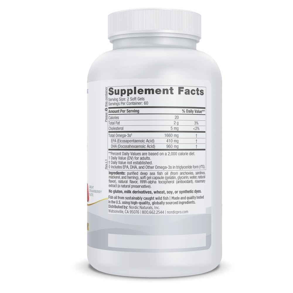 Side angle view of high intensity DHA fish oil supplement bottle highlighting product purity standards and nutritional information.