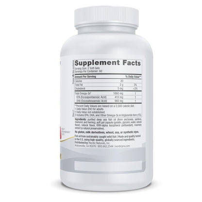 Side angle view of high intensity DHA fish oil supplement bottle highlighting product purity standards and nutritional information.