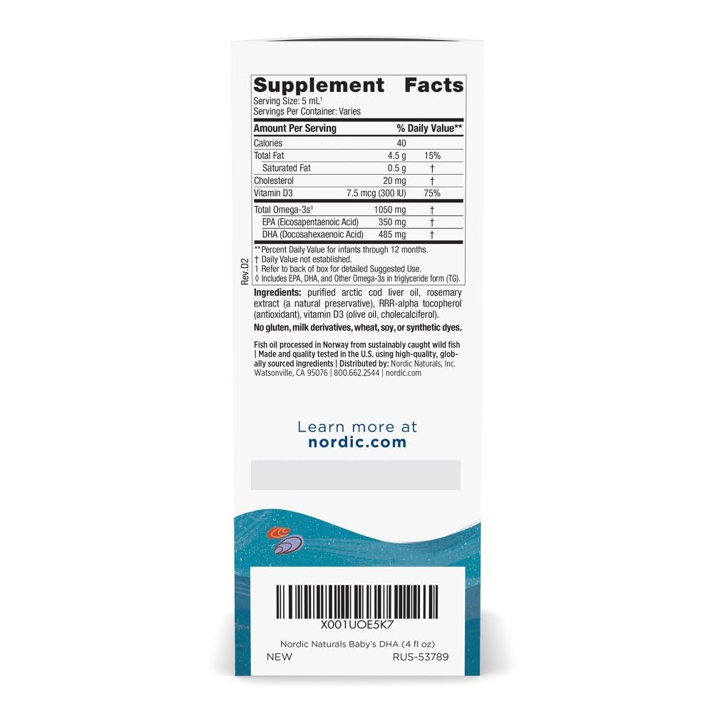 Nordic Naturals Babys DHA unflavored liquid supplement box packaging showing ingredients and omega-3 breakdown.